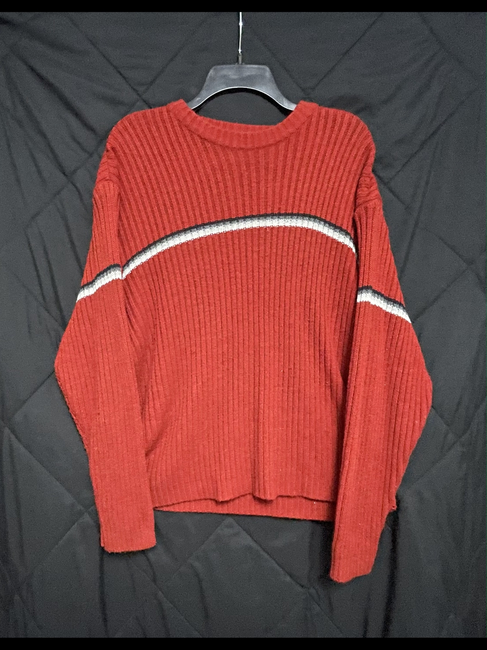 Faded Glory Red Ribbed Crewneck Sweater with White and Black Stripe Detail